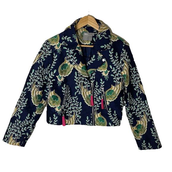 ASOS Blue Green Peacock Jacquard Biker Jacket Artsy Boho Art To Wear US Sz 4 - Picture 4 of 16